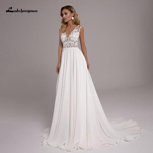 Lakshmigown Boho Lace Wedding Dresses 2021 Robe Longue Simple Beach Chiffon Long A Line Wedding Gowns for Bride vestido de novia