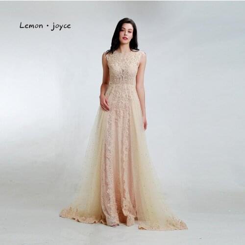 Lemon joyce Luxury Champagne Evening Dresses 2020 Sexy Illusion Appliques Long Prom Party Gowns Plus Size robe de soiree