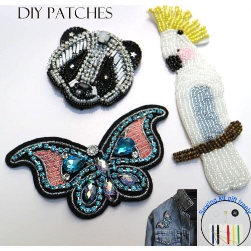 Butterfly beaded patches for clothing Sew on patch bird panda decorative parches bordados para ropa Embroidery applique clothing