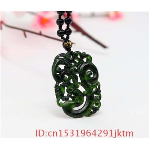 Jade Carved Natural Pendant Double-sided Chinese Charm Green Amulet Men Dragon Phoenix Obsidian for Jewelry Necklace Gifts Black
