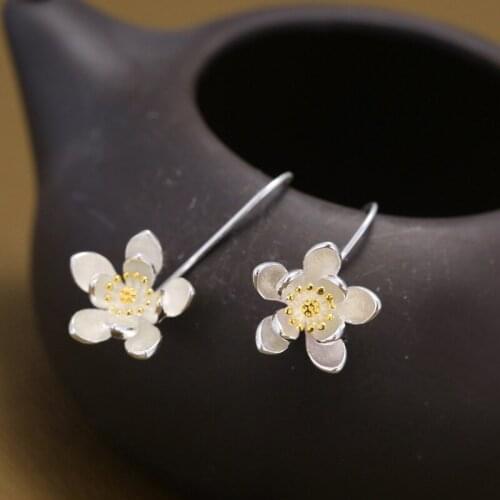New Luxury Lotus Flower 925 Sterling Silver Ladies Drop Earrings Original Jewelry For Women Birthday Gift No Fade Cheap