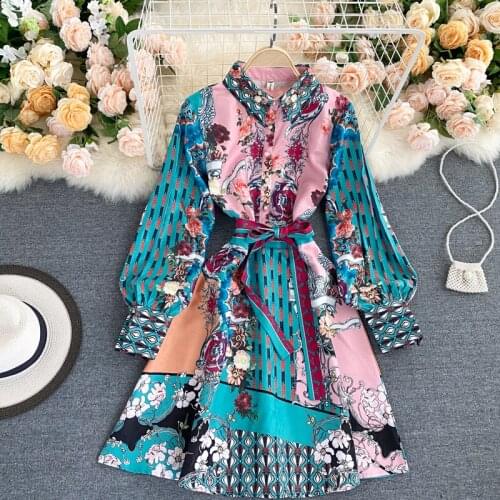 SINGRAIN Women Print Dress Autumn Turn Down Collar Puff Sleeve A Line Dress Casual Vacation Midi Long Dress European Style