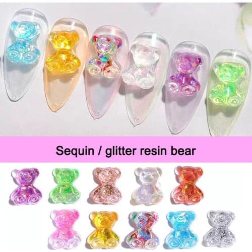 100pcs Resin bear nail art rhinestone flat sequin glitter transparent bear 3Dtrendy nail DIY decoration accesories