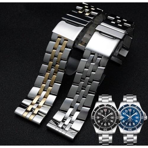 22mm 24mm Silver Gold Stainless Steel Watchband For Breitling Watch Strap Belt Solid Brand Flat End Navitimer Avenger Bracelet
