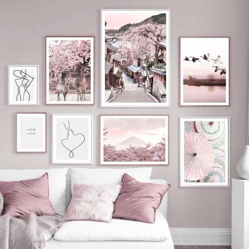 Pink Mount Fuji Umbrellas Street Cranes Lake Deer Wall Art Print Canvas Painting Nordic Poster Decor Pictures For Living Room