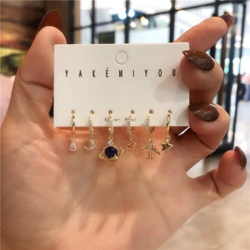 Airplane Stars Moon Small Hoop Earrings 6 Pcs Set Geometric Exquisite Korean Dangle Earirngs For Women Jewelry 2021