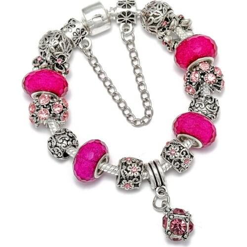 Seialoy Purple Crystal Charm Bracelets For Women Girl Original Pink Crystal Silver Color Beaded Bracelet Bangle New Jewelry Gift