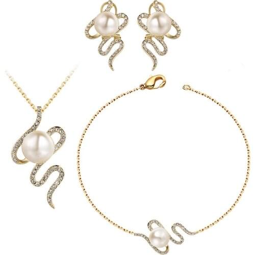 New Crystal & Imitation Pearl Alloy Gold Color Crystal Earrings Bracelet Necklace Jewelry Set S Shape For Women Party Gift