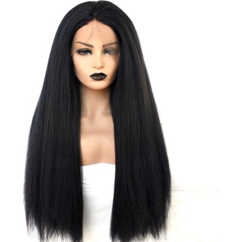 Synthetic Kinky Straight Wig Natural Hairline Black Color Heat Resistant Fiber Middle Part Lace Front Wig for Women