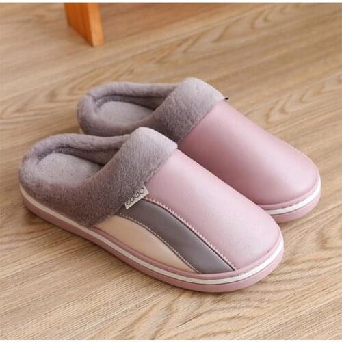 Winter Womens Slipper Female Soft Warm Indoor House Shoes Women Comfortable Home Flats Plush Slip On PU Leather Slides Footwear