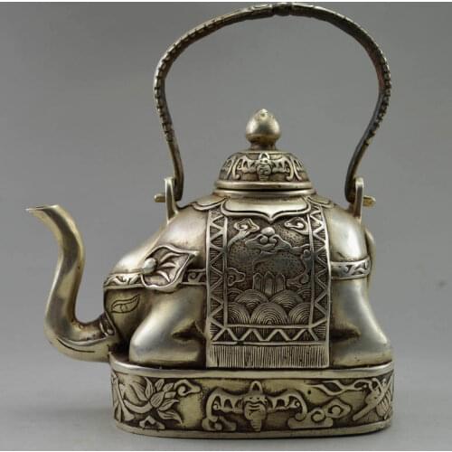 Elaborate Collectible Decorated Old Handwork Tibetan Silver Flower Elephant Tea pot