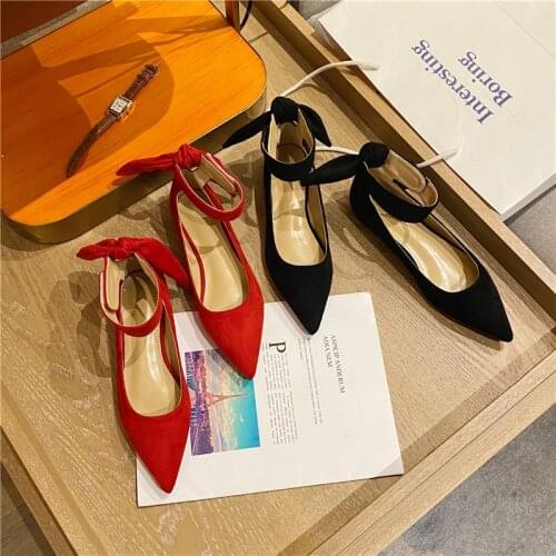 2021 New Arrivals Pointed Toe Flats Shoes Ankle Strap Back Bow Design Black/Red Casual Dance Shoes Ballet Loafers Ankle Strap