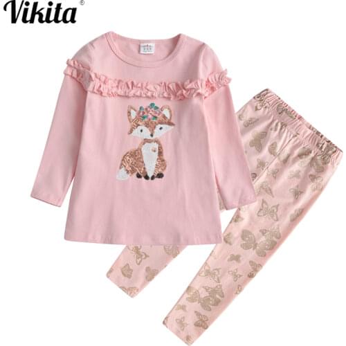 VIKITA Kids Cotton Clothing Sets for Girl Children Fox Sequins Cartoon T Shirt and Butterfly Print Trousers Girl Autumn Clothing