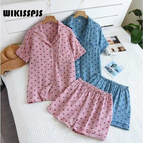 WIKISSPJS 2021 Summer Short Sleeve Shorts Breathable Cute Cartoon Pajamas Little Love Crepe Suit Girl Lounge Wear Sleepwear