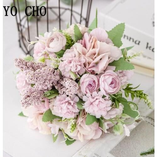 YO CHO Fake Silk Roses Artificial Flowers for Wedding Home Small Artificial Hydrangea Bouquet Faux Flower Craft Party Decoration