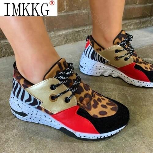 2021 New Ladies Sneakers Leopard Print Pu Comfortable Sneakers Women Casual Shoes Breathable Lace-up Platform Sports Shoes