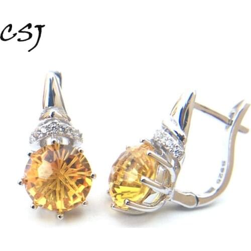 CSJ Citrine quartz gemstone noble good Earring Sterling 925 Silver Round8.0 4Ct football cut Fine Jewelry For Women Lady Gift