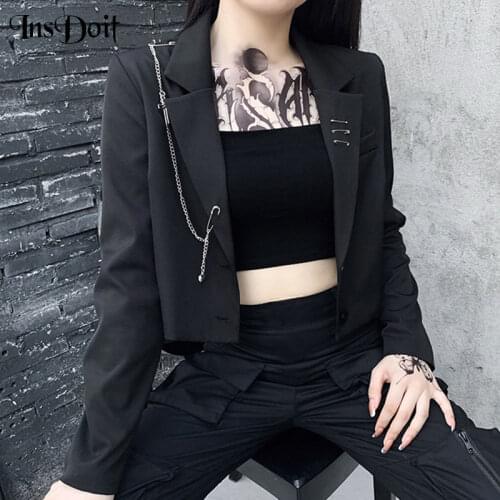 InsDoit Punk Office Lady Black Suit Tops Harajuku Streetwear Metal Chain Patchwork Suit Vintage Autumn Long Sleeve Crop Tops