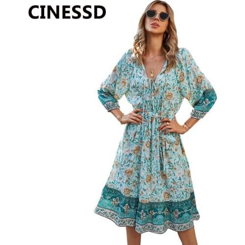 CINESSD Women Floral Print Bohemian Dress 2021 V Neck 3/4 Sleeve High Waist A Line Lace Up Swing Autumn Beach Boho Midi Dresses