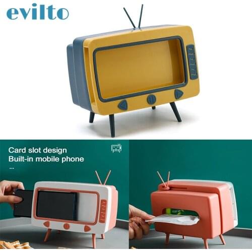 2 IN 1 Home Desktop Tissue Box Multifunctional Drawer Tissue Storage Box with Mobile Phone Holder Dust-proof TV Shape Stand
