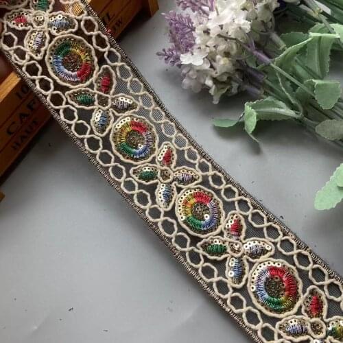 2 Yards Ethnic White Multicolor Thread Sequins African Lace Trims Geometric Lace Ribbon DIY Sewing Dress Decoration Bridal New