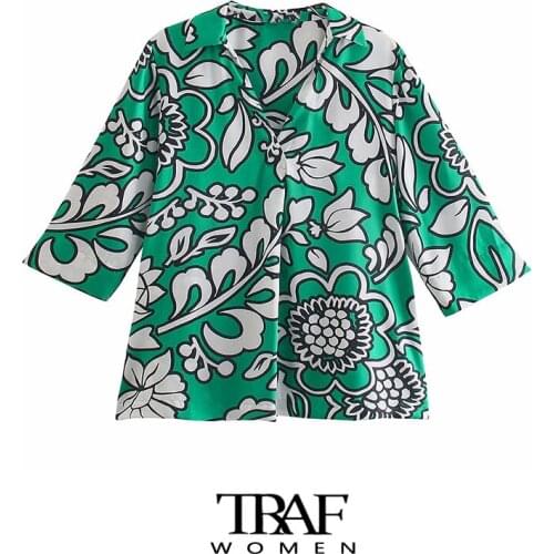 TRAF Za Women Fashion Floral Print Side Vents Blouses Vintage V Neck Three Quarter Sleeve Female Shirts Blusas Chic Tops