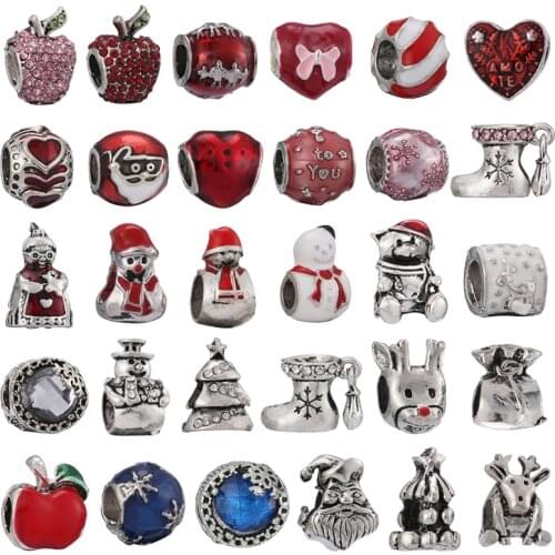 2Pcs/Lot 45 Styles Christmas Style Crystal Apple Beads Fit Silver Plated Charm Bracelets For Women Kids Christmas Gift Making