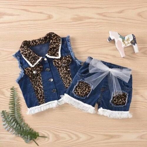 Spring Summer 1-6 Year New Clothing Sets Girl Leopard +shorts Jean Jackets Girls Kids clothing baby coat Casual