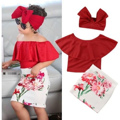 Hot 1-6Y Kid Baby Girls Clothes Off Shoulder Tops Floral Print Hip Skirt Dress Headband Outfit Clothes Novelty Casual Princess