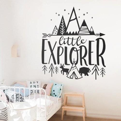 Little Explorer Adventure Quote Wall Sticker Baby Nursery Inspirational Quote Mountain Deer Bear Tree Wall Decal Kid Room Vinyl