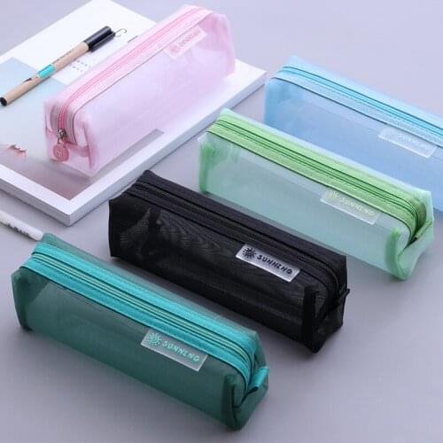 Pure Color Transparent Stationery Bag Mesh Pencil Case Cosmetic Bag Large Capacity Student School Package Supplies Pencil Case