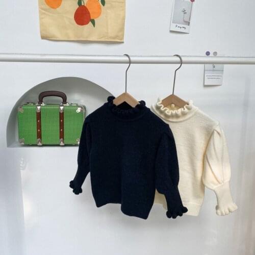 2020 Autumn Winter Baby Girls Turtleneck Sweaters Ruffles Puff Sleeve Pullovers Kids Tops Warm Children Princess Sweaters