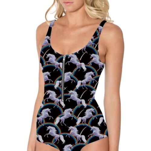 New S To 3XL With Zipper Flying horse Swim Suit One Piece Women Active Black Swimming Wear Plus Size