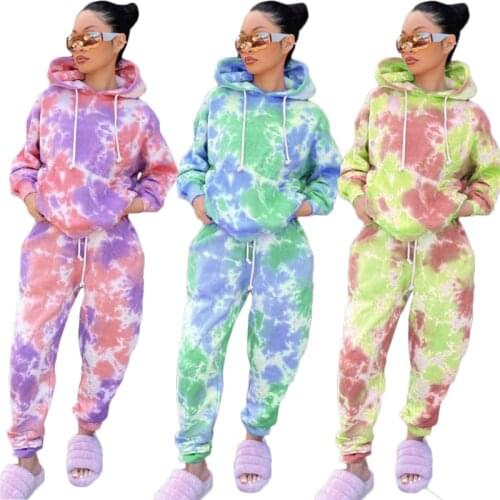 Two Piece Set Woman Outfit Sweatsuit Casual Tie Dye Hoodie Long Sleeve Sweatpants Tracksuit Winter Sets Wholesale Dropshipping