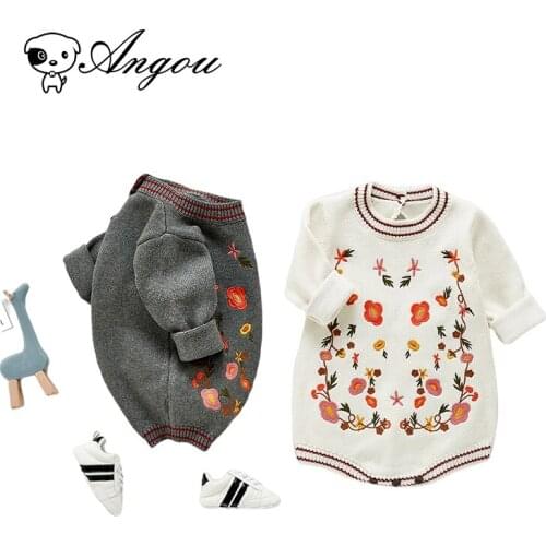 Angou Knitting Embroidery Flower Baby Girls Rompers Clothes Long Sleeve Outfit Jumpsuit Wool Soft Spring Toddler Baby Clothing