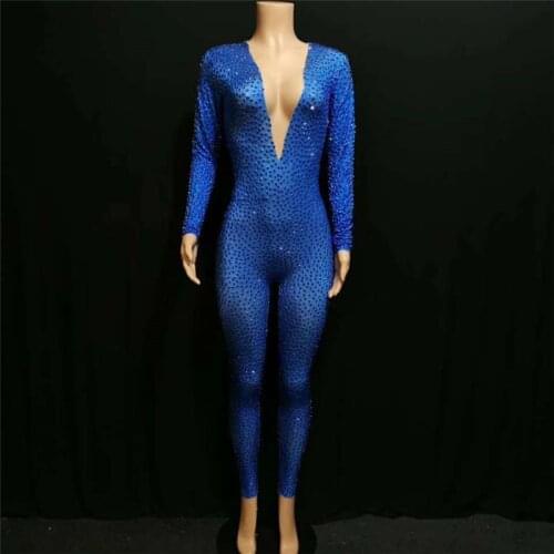 Y25 Blue rhinestone female bodysuit singer full diamonds jumpsuit sexy mesh perspective outfits stage costumes bar performance
