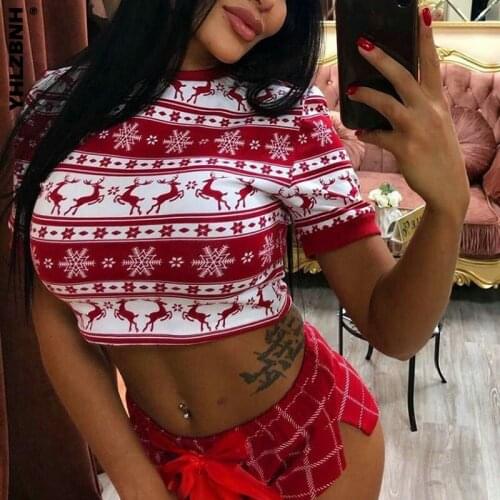YHLZBNH Christmas Women Two piece Set Clothes Short Sleeve O Neck Elk Printed Pattern Crop Top + Shorts Xmas Gift Home Sleepwear