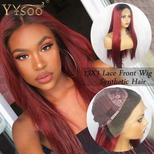 YYsoo Long Silky Straight Dark Roots Red Synthetic Hair13x3 Lace Front Wig For Women 1b/Red Half Hand Tied Wig Middle Part