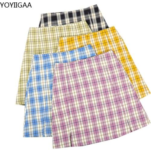 Women Split Plaid Mini Skirt Summer Fashion Ladies Bodycon Skirt High Waist A-line Female Short Skirts Vintage Chic Women Skirts
