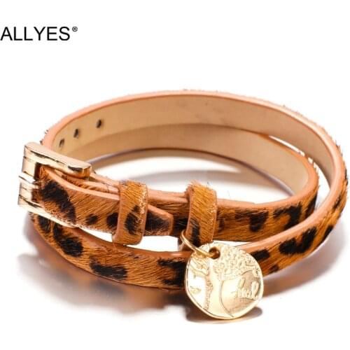 ALLYES Bohemian Tree of Life Charm Genuine Leather Bracelets for Women Fashion Brown Leopard Wrap Bracelet Female Jewelry
