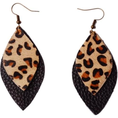 Rainbery 2 Layer Leopard Leather Earrings For Women Real Leather Waterdrop Big Long Earring Hanging Fashion Leaf Dangle Earrings