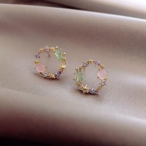 2021 Sweet Classic Round Crystal Stud Earrings For Women Flower Circle Rhinestone Jewelry Fashion Brincos Girl Party Gift