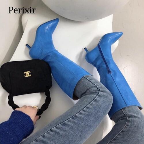 Perixir Womens Snake Print Textured Boots White Pointed Toe But Knee New Fashion All-Match Thin 2021 New Fashion Long Boots