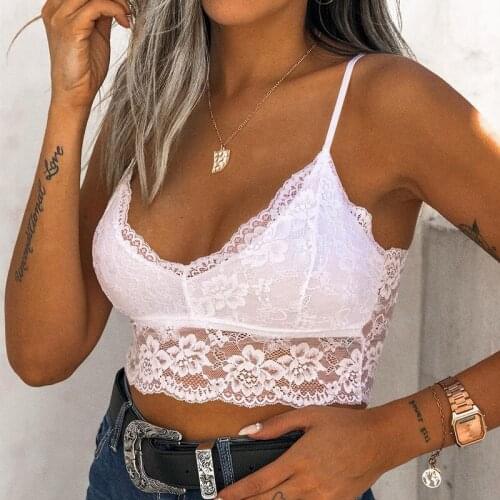 Women Close-fitting Sleeveless Crop Tops, White Sexy V-neck Lace Hem Camisole, S/ M/ L