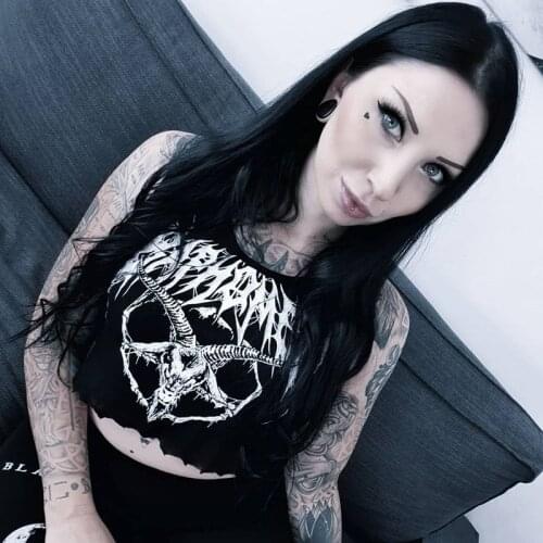 Satan Print Women Sexy Crop Top for Ladies Short Shirt Halter Tank Goth Gothic Clothes Croptop Baphomet Demon Lucifer Satanist