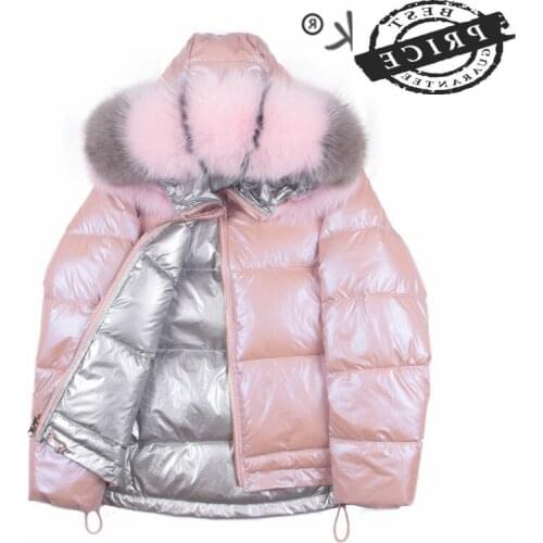 Thick Warm White Duck Down Jacket Women Clothes 2021 Slim Pink Coat Female Jacket Fox Fur Collar Tops Abrigo Mujer 120a30