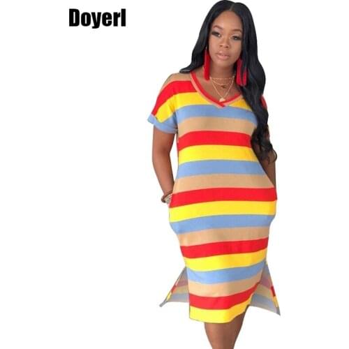 Summer Casual Dresses for Women V Neck Short Sleeve Side Split Pockets Rainbow Striped Knee Length Midi Bodycon Dress Vestidos