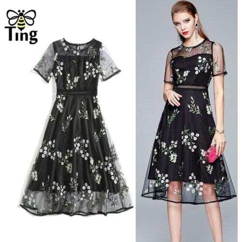 Tingfly Vintage Elelgant Flower Embroidery Black Lace Knee Length Dress Summer Fashion Women Casual Vestidos A Line Robes Zaful