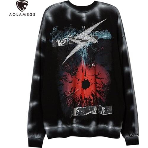 Aolamegs Sweatshirt Men Punk Letter Horror Movie Inkjet O-Neck Tops Autumn High Street Fashion Baggy Couple Pullovers Streetwear