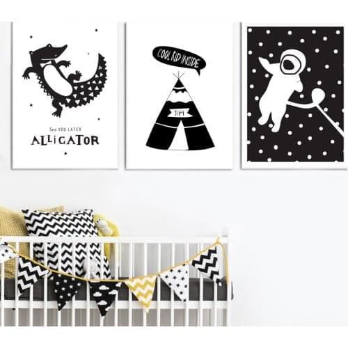 Black White Alligator Astronaut Tent Wall Art Canvas Painting Nordic Posters And Prints Wall Pictures Kids Room Nursery Decor